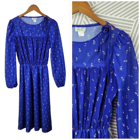 Vintage Shirt Dress size 8/10 midi long Navy Blue Alt Secretary Rainbow Floral - Picture 1 of 6